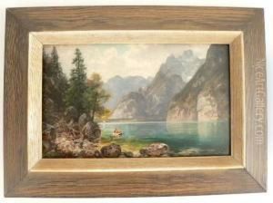 Mountain Landscape With Figures In A Canoe Moving Though A Placid Lake.