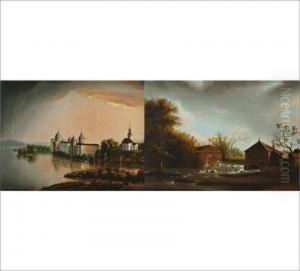 A Pair Of Paintings Depicting Views Of The Gripsholm Castle And A Mill by Ida Silfverberg