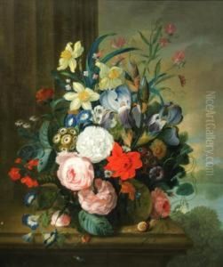Still Life Of Flowers On A Marble Ledge by James Sillett