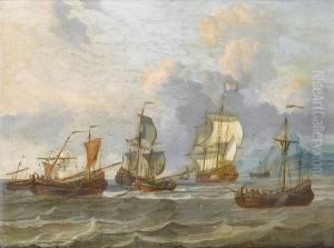 Two Dutch Men O'war, Sloops And Other Vessels In Choppy Waters, Off A Mountainous Coastline by Adam Silo
