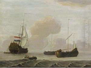 A Dutch Ship And Two Fishing Boats In A Moderate Breeze At Sea by Adam Silo