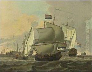 Merchantmen, A Kaag And Other Sailing Vessels In A Stiff Breeze by Adam Silo