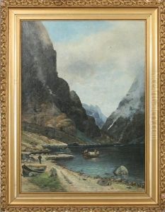 A Norwegian Fiord With Passenger Ship And Dinghys. Signed Sigv. Simensen