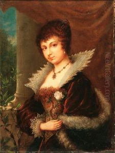 Portrait Of A Court Lady Holding A Pink Rose by Julius Simmonds