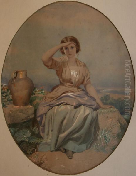 Oval Portrait Of A Young Woman Seated By A Water Carrier Within A Continental Landscape - view 1
