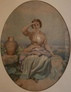Oval Portrait Of A Young Woman Seated By A Water Carrier Within A Continental Landscape by John Simmons