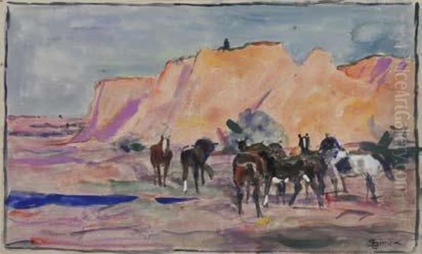 Chevaux Devant Les Collines Aquarelle Signee En Bas A Droite 30 X 49,5 Cm - view 1