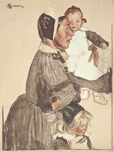 Vieille Bretonne Conduisant Des Enfants - view 1