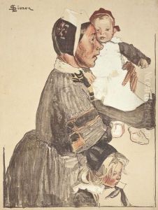 Vieille Bretonne Conduisant Des Enfants by Lucien Simon
