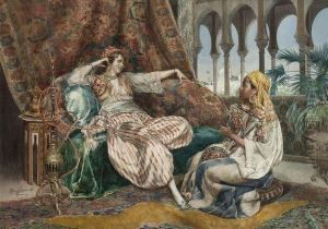 Jeune Orientale Au Narguile Et Musicienne by Ettore Simonetti