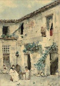 Sewing In The Courtyard by Ettore Simonetti