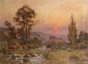 Paysage De Riviere Au Soleil Couchant by Lucien Simonnet