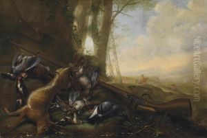 A Hare, Partridges, Finches And A Pigeon, With A Musket In A River Landscape by Michiel Simons