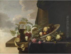 A Still Life With Grapes, Pears, A Peach And Roses In A Waanli Kraak Porcelain Bowl, With A Roemer And A Half-peeled Lemon On A Partly Covered Table Top by Michiel Simons