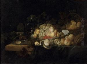 Nature Morte Au Panier Et Au Plat De Peches Et De Raisins Disposes Pres D'un Roehmer Sur Un Entablement by Michiel Simons