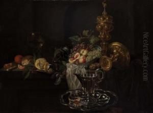 Uve E Pesche In Un Piatto Diceramica, Altri Frutti E Vasellame Su Un Tavolo by Michiel Simons