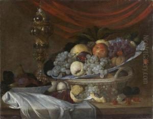 Nature Morte Au Plat De Fruits Et Pokal Sur Un Entablement by Michiel Simons