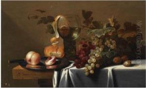 Still Life With Blue And White Grapes, Chestnuts, A Loaf Of Bread,peaches And A Knife On A Pewter Plate, With A Peeled Lemon In Aroemer, All Arranged On A Partly Draped Table by Michiel Simons