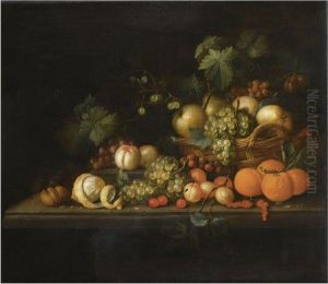 Still Life Of Pears, Blue And White Grapes And Gooseberries In Abasket, Together With Oranges, Apricots, Cherries, Peaches, Ahalf-peeled Lemon And Walnuts, All On A Stone Table by Pseudo Simons