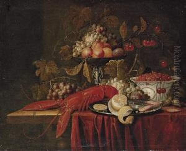 A Lobster, Grapes, Hazelnuts, A Cut Lemon And Shrimp On A Silver Plate, Grapes, Peaches, Plums, And Cherries On A 'tazza' And Strawberries In A Porcelain Bowl, On A Partially Draped Table - view 1