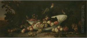 A Still Life Of Fruit Including Grapes, Peaches And An Orange In A Tilted Porcelain Dish, With Redcurrants, Figs, An Open Pomegranate, Raspberries And Other Fruit, Together With A Red Squirrel Eating Hazelnuts And Songbirds