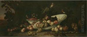 A Still Life Of Fruit Including Grapes On The Vine, Peaches And An Orange In A Tilted Porcelain Dish, With Redcurrants, Figs, An Open Pomegranate, Raspberries And Other Fruit On The Surrounding Ground, Together With A Red Squirrel Eating Hazelnuts And Som by Pseudo Simons