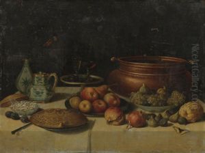Still Life Of Fruit, A Pie, A Large Copper Pot, A Blue And White Porcelain Pitcher And Vase And Other Objects, All On A Table