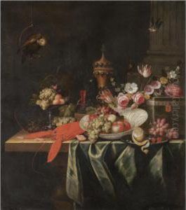 Still Life With Grapes And Apples In A Porcelain Bowl, Cherries And A Partly Peeled Lemon On A Pewter Plate, Together With A Lobster, Shrimps And A Gilt Pokal, All Arranged On A Partly Draped Stone Table, With A Bird Of Prey And Two Songbirds In The Backg by Pseudo Simons