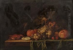 An Oyster, Cherries, Oranges, An Apple And A Glass Of Wine On A Partially Draped Table by Pseudo Simons