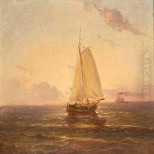 Marine With Sailing Ships On A Quietevening by Niels Simonsen