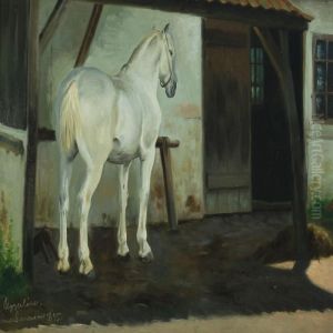 Courtyard With A White Horse by Simon Simonson