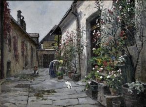 Bluhende Blumen In Einem Innenhof, Im Hintergrund Mutter Mit Kind Und Katze. by Stefan Simony