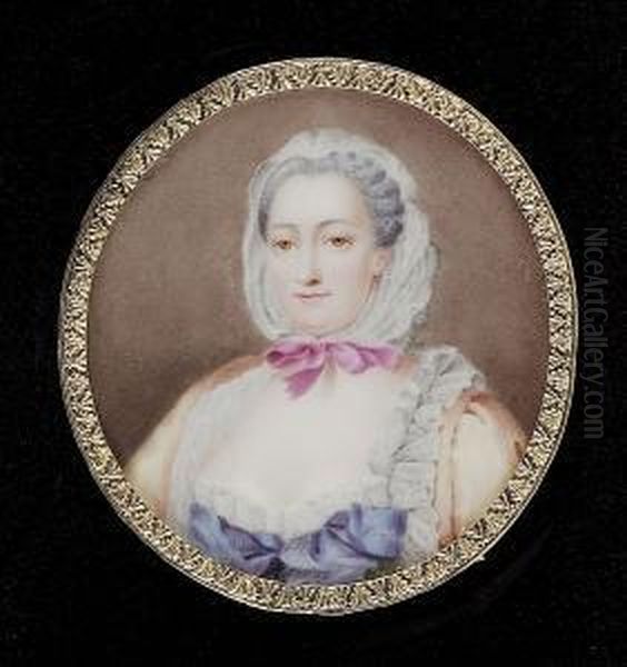A Lady, Wearing 18th Century Dress, Her Ochre-coloured Gown With Blue And White Underdress, Her White Indoor Cap Tied With A Pink Ribbon Over Her Powdered Hair - view 1