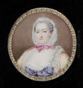 A Lady, Wearing 18th Century Dress, Her Ochre-coloured Gown With Blue And White Underdress, Her White Indoor Cap Tied With A Pink Ribbon Over Her Powdered Hair by John Simpson