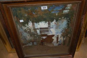 View Of A Figure Feeding Chickens In A Courtyard by Mary Goudie Simpson