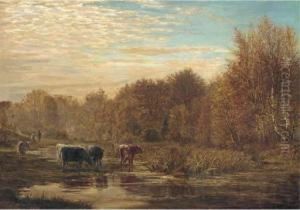 Cattle Watering At Sunset by William Simpson