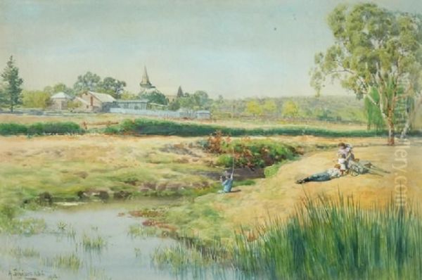 Children Fishing By The Stream - view 1