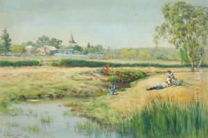 Children Fishing By The Stream by Alfred Sinclair