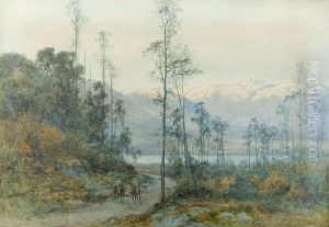 Mounted Figures Before A Lake Landscape by Alfred Sinclair