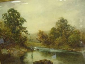 Fishermen At The Streams Edge by Alfred Sinclair