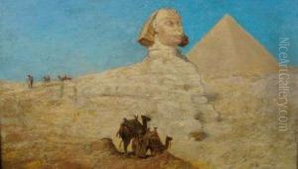 Egyptian Desert With Figures And Camels Before Sphinx And Pyramid - view 1