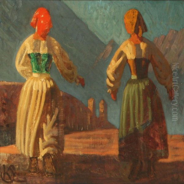 Two Italian Womenwalking Along The Town Wall - view 1