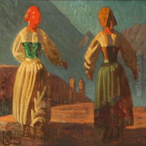 Two Italian Womenwalking Along The Town Wall by Knud Sinding