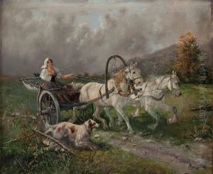Junge Bauerin Mit Pferdegespann Auf Der Flucht Vor Aufkommendem Gewitter by Albert Singer
