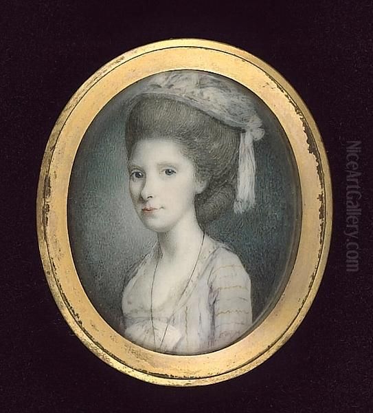 A Lady, Wearing White Dress Striped With Yellow And With White Bow At Her Corsage, Necklace And White Headdress In Her Powdered Hair - view 1