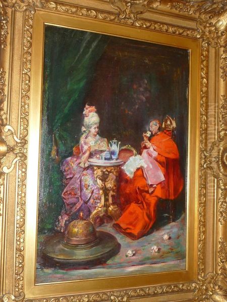 Elegantly Dressed Young Lady Taking Tea With A Cardinal - view 1