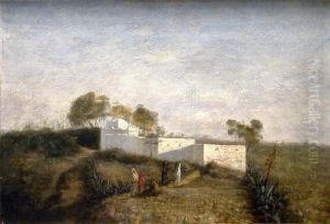Nordafrikanische Landschaft Mit Berberfrauen Vor Gebaude by Joseph Sintes