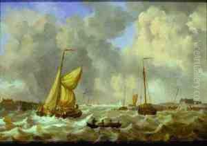 Fisherboats On Rough Seas In A Harbor by Joseph Sipkes