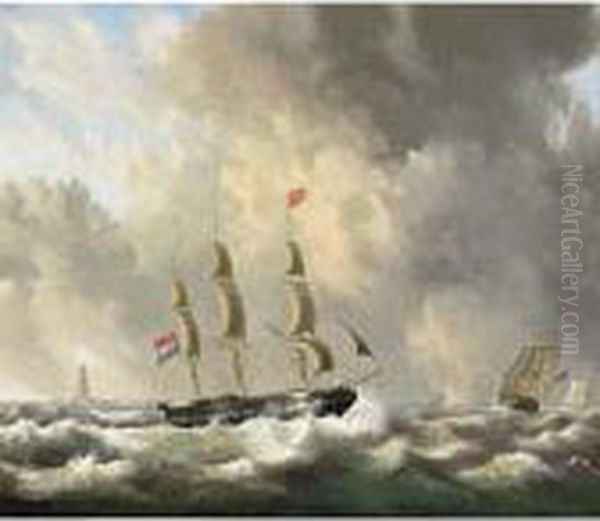 A Threemaster In A Stiff Breeze, A Light House Beyond - view 1