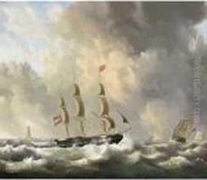 A Threemaster In A Stiff Breeze, A Light House Beyond by Joseph Sipkes